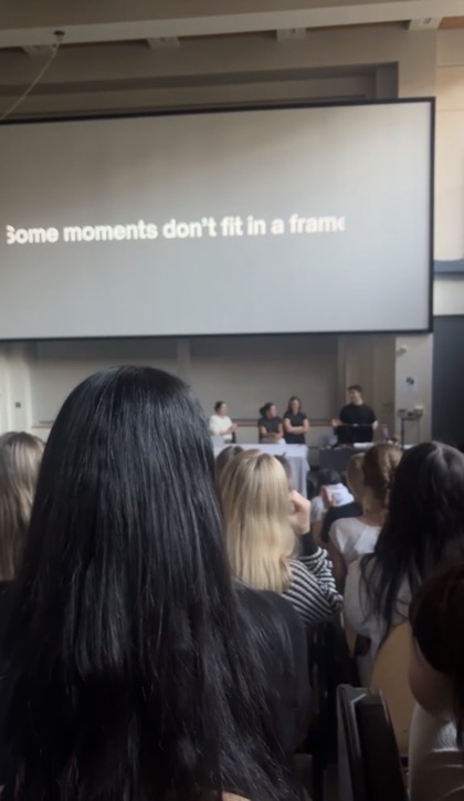 A Tapestry talk seen from the back of a packed room, the slide reading: Some moments don't fit in a frame